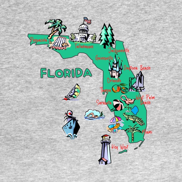 Hand Drawn Illustration of Florida Map with Tourist Destinations, USA by Mashmosh